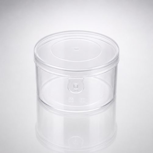 Clear round plastic container with lid, injection molded